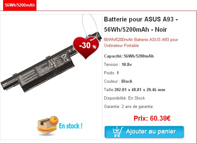 Batterie pour ASUS A93 - 56Wh/5200mAh -cbatterie