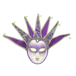 Masque vénitien joker violet avec volutes dorées et clochettes